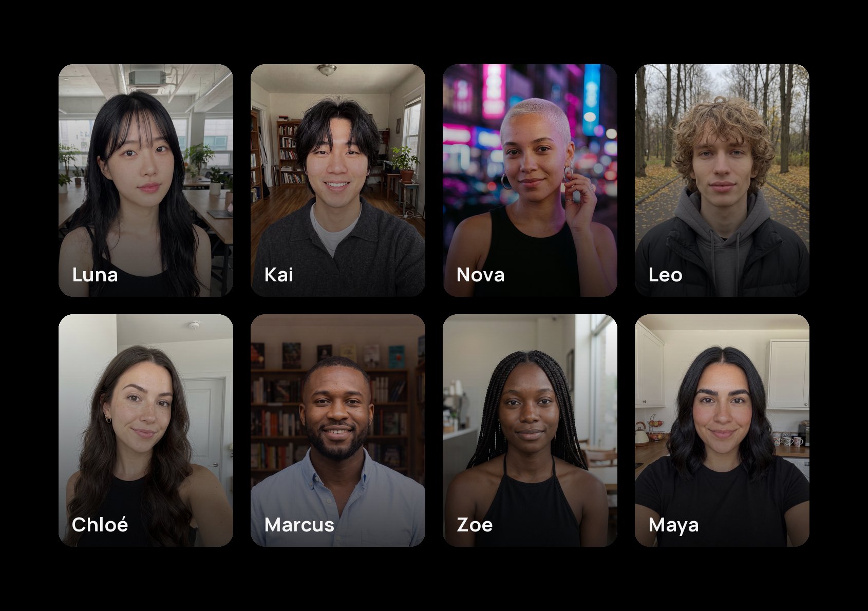 The eight ready-made creators: Luna, Kai, Nova, Leo, Chloé, Marcus, Zoe and Maya