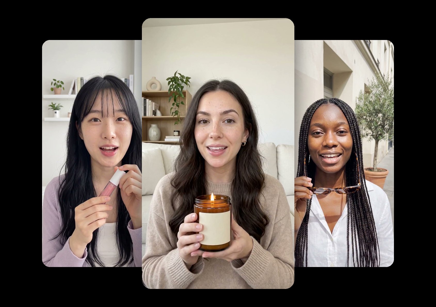 Three creators each holding a different product